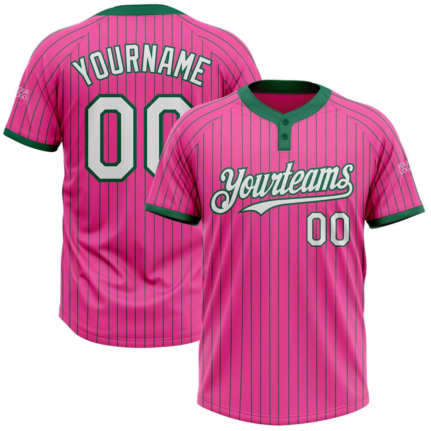 Custom Pink Kelly Green Pinstripe White Two-Button Unisex Softball Jersey - Main View