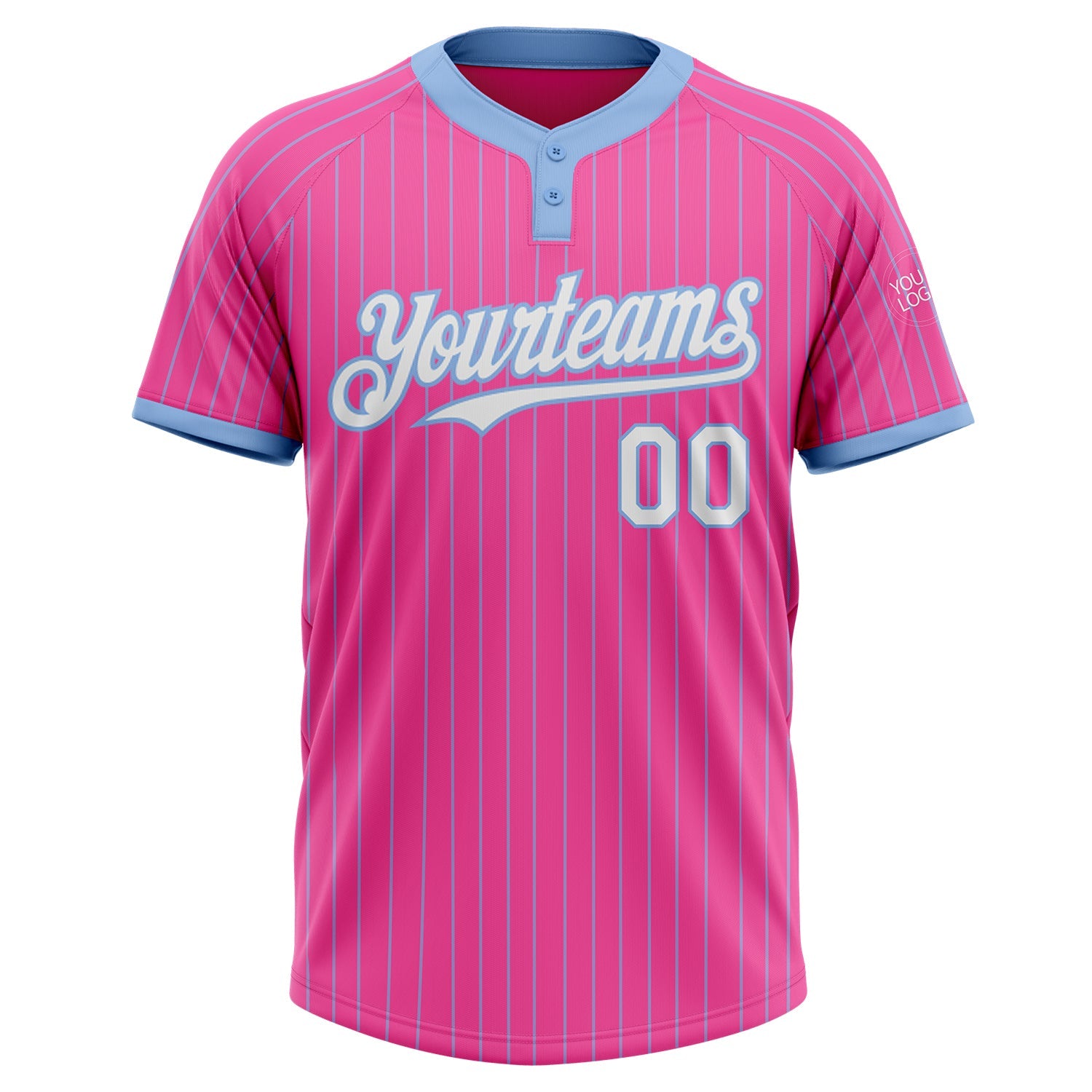 Custom Pink Light Blue Pinstripe White Two-Button Unisex Softball Jersey view 2