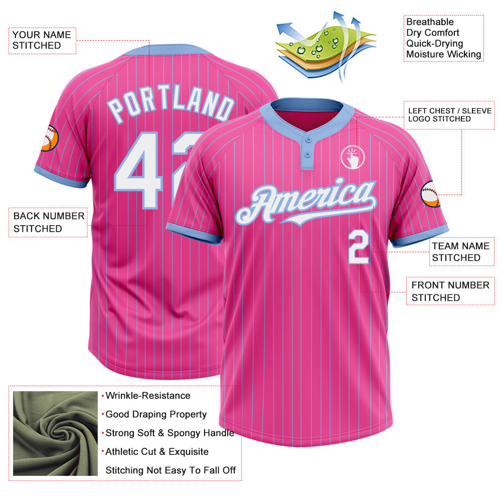 Custom Pink Light Blue Pinstripe White Two-Button Unisex Softball Jersey view 3
