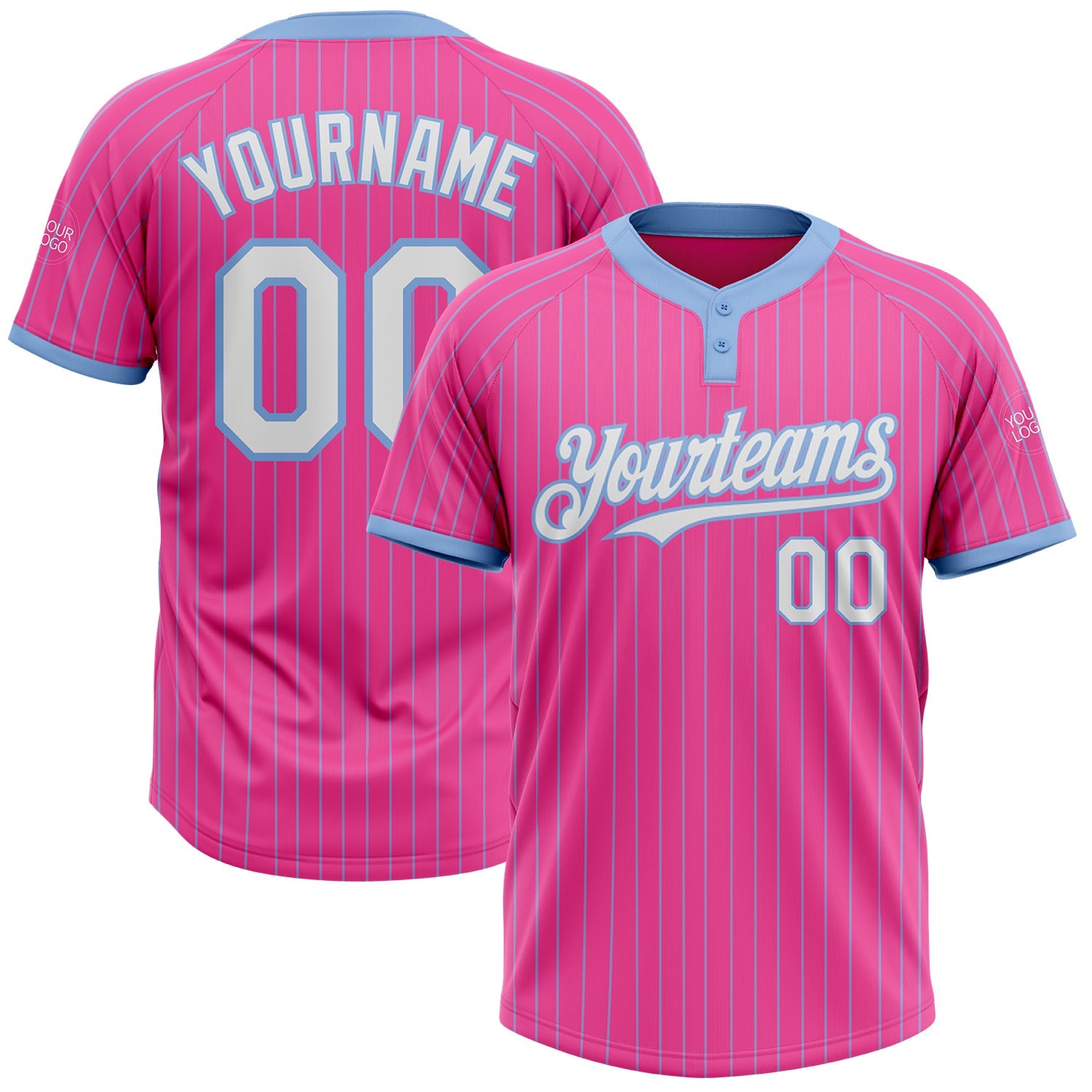 Custom Pink Light Blue Pinstripe White Two-Button Unisex Softball Jersey - Main View