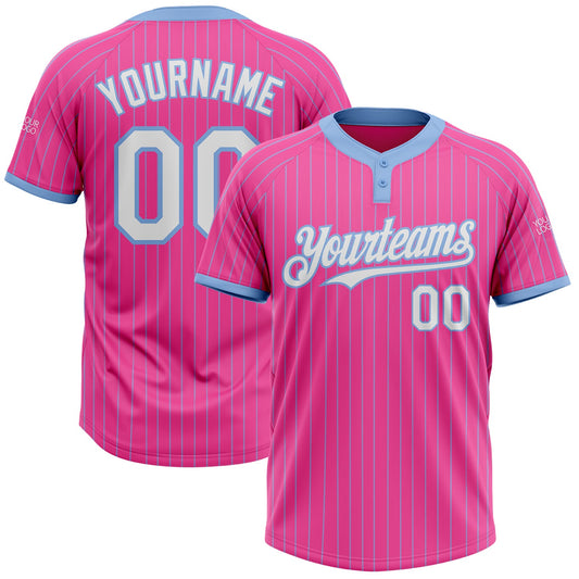 Custom Pink Light Blue Pinstripe White Two-Button Unisex Softball Jersey - Main View