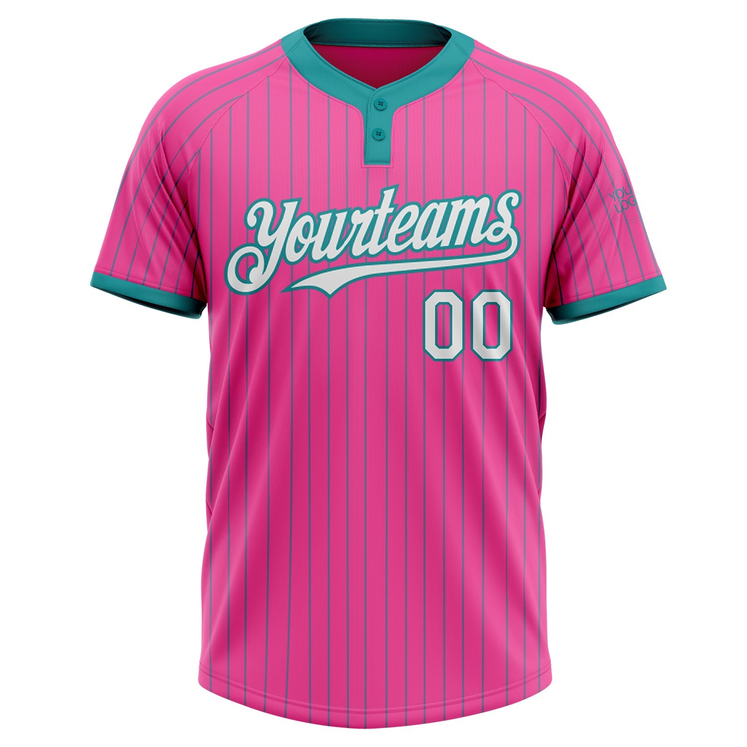 Custom Pink Teal Pinstripe White Two-Button Unisex Softball Jersey view 2