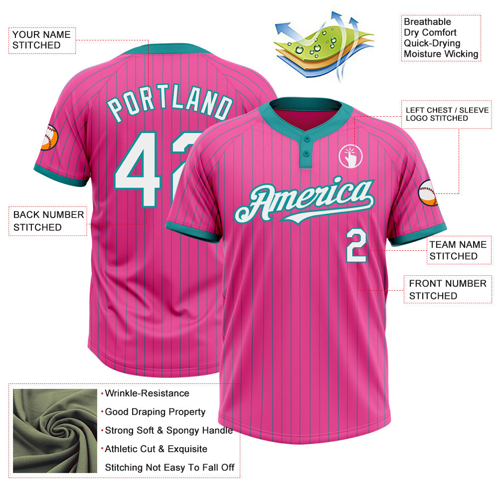 Custom Pink Teal Pinstripe White Two-Button Unisex Softball Jersey view 3