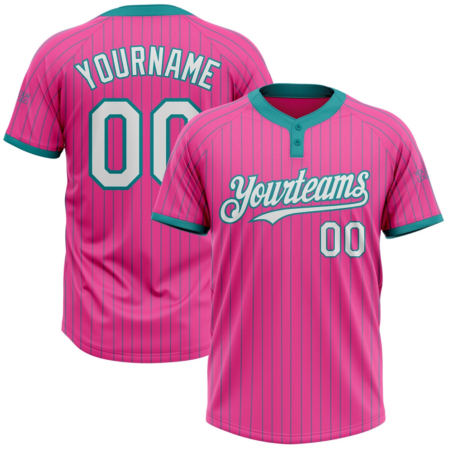 Custom Pink Teal Pinstripe White Two-Button Unisex Softball Jersey - Main View
