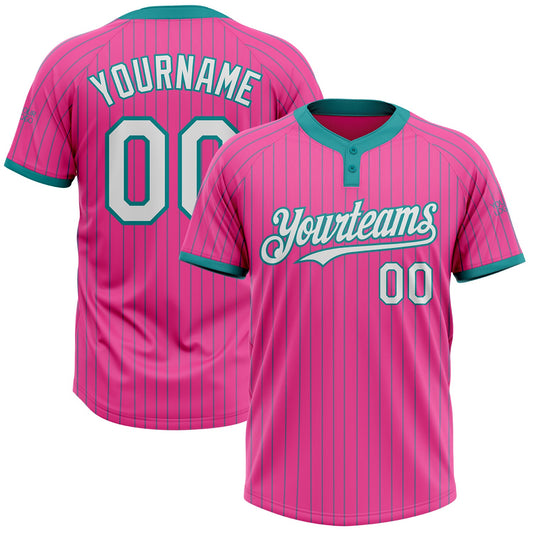 Custom Pink Teal Pinstripe White Two-Button Unisex Softball Jersey - Main View