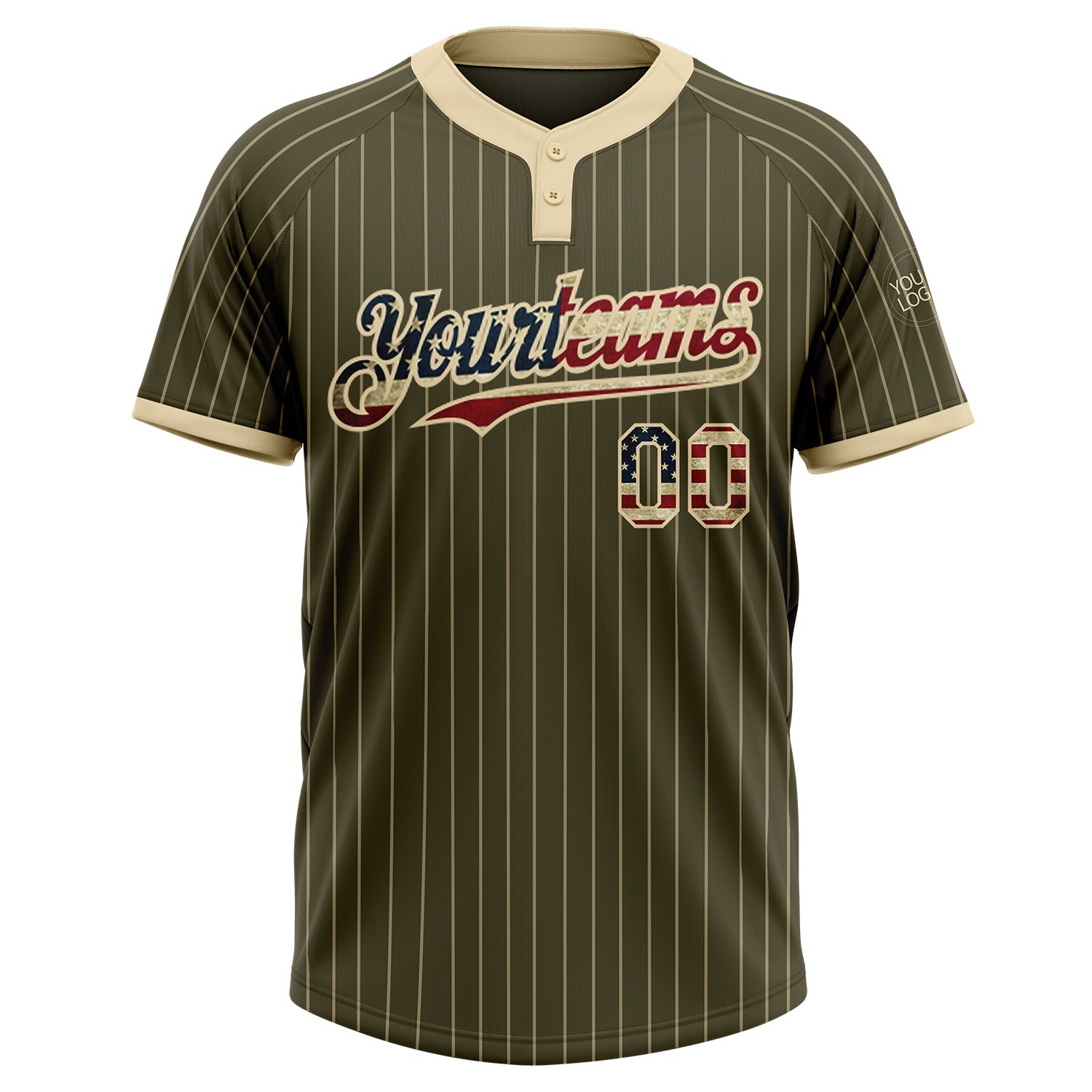 Custom Olive Cream Pinstripe Vintage USA Flag Salute To Service Two-Button Unisex Softball Jersey view 2