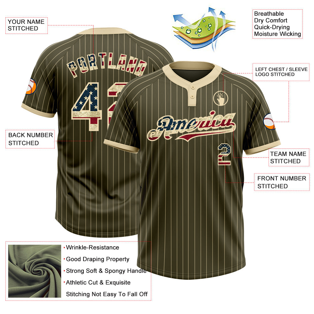 Custom Olive Cream Pinstripe Vintage USA Flag Salute To Service Two-Button Unisex Softball Jersey view 3