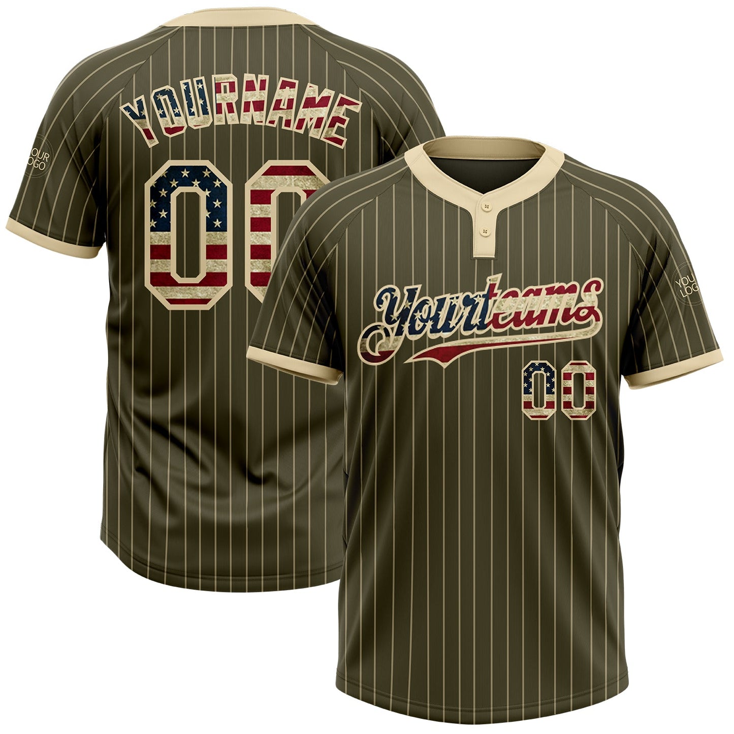 Custom Olive Cream Pinstripe Vintage USA Flag Salute To Service Two-Button Unisex Softball Jersey - Main View