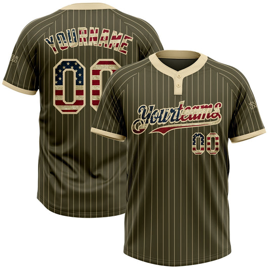Custom Olive Cream Pinstripe Vintage USA Flag Salute To Service Two-Button Unisex Softball Jersey - Main View