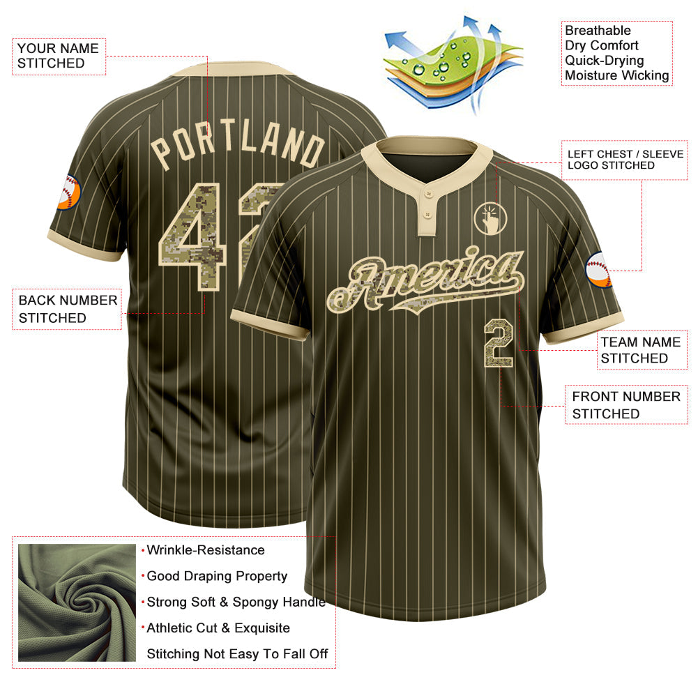 Custom Olive Cream Pinstripe Camo Salute To Service Two-Button Unisex Softball Jersey view 3