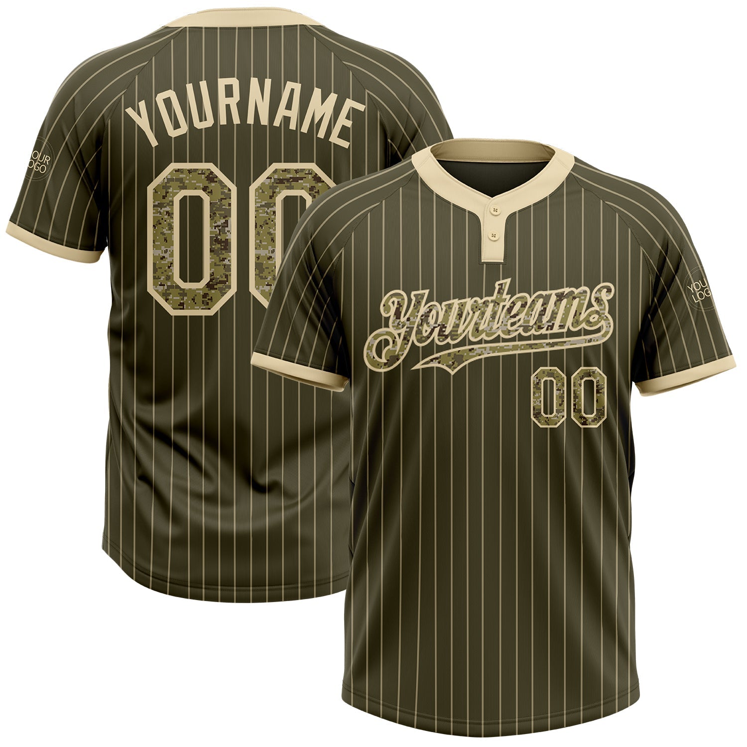 Custom Olive Cream Pinstripe Camo Salute To Service Two-Button Unisex Softball Jersey - Main View