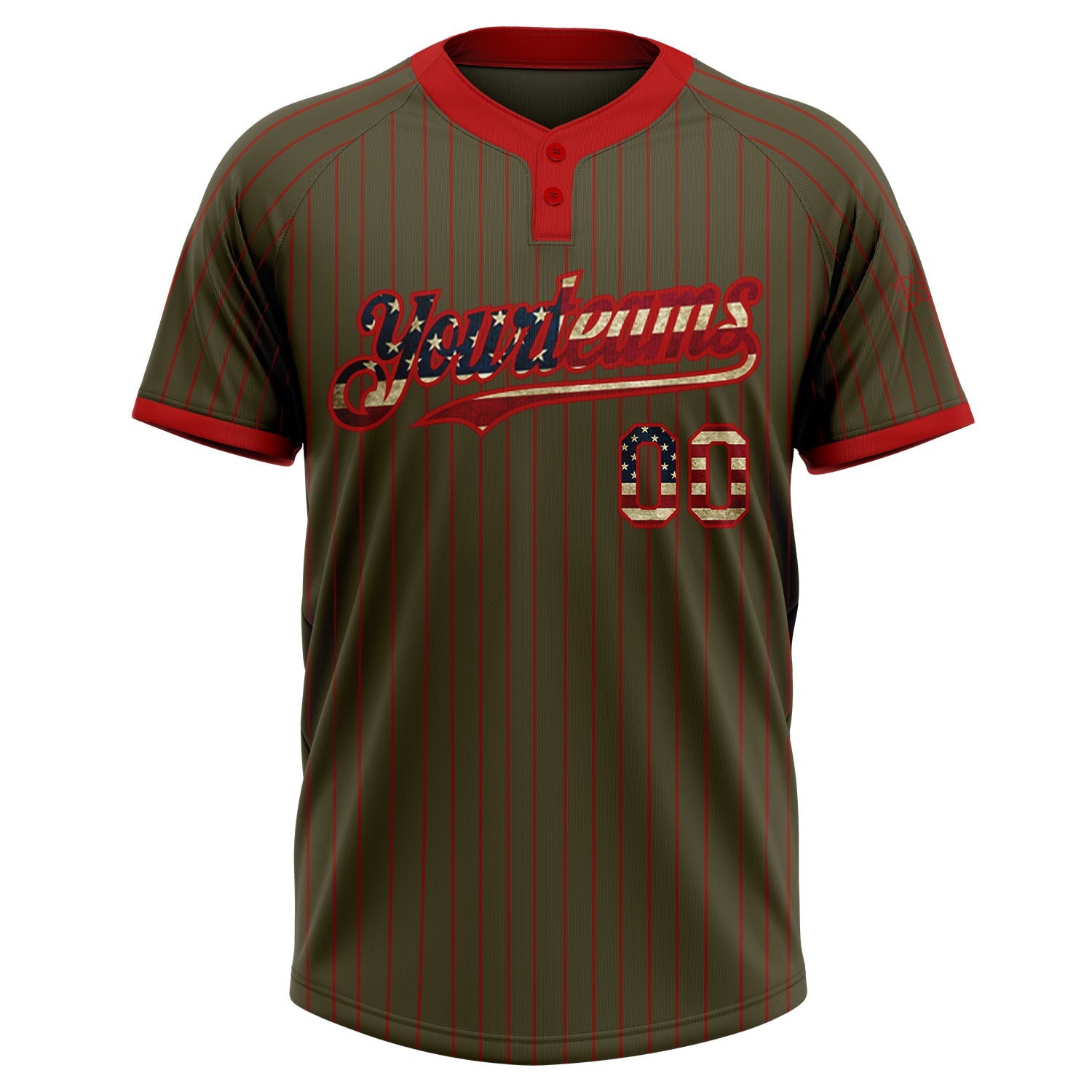 Custom Olive Red Pinstripe Vintage USA Flag Salute To Service Two-Button Unisex Softball Jersey view 2
