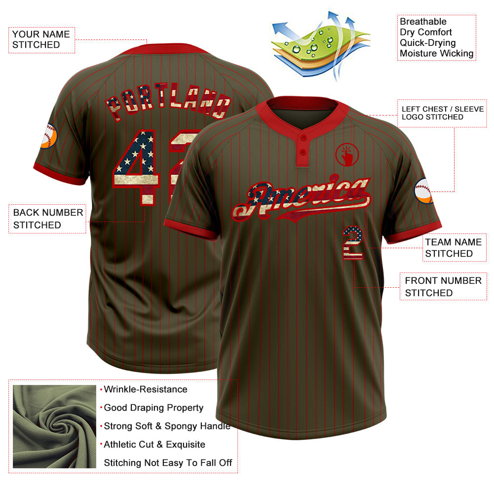 Custom Olive Red Pinstripe Vintage USA Flag Salute To Service Two-Button Unisex Softball Jersey view 3
