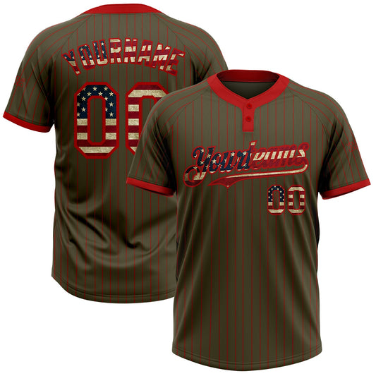 Custom Olive Red Pinstripe Vintage USA Flag Salute To Service Two-Button Unisex Softball Jersey - Main View