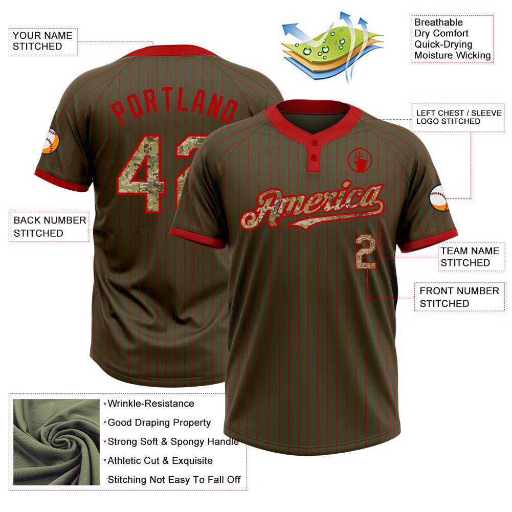 Custom Olive Red Pinstripe Camo Salute To Service Two-Button Unisex Softball Jersey view 3