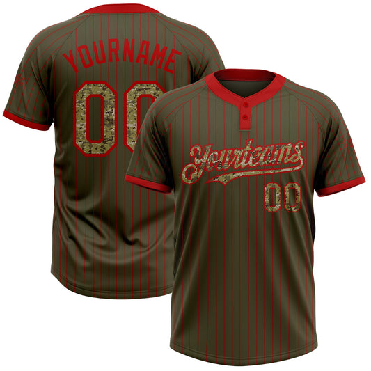 Custom Olive Red Pinstripe Camo Salute To Service Two-Button Unisex Softball Jersey - Main View