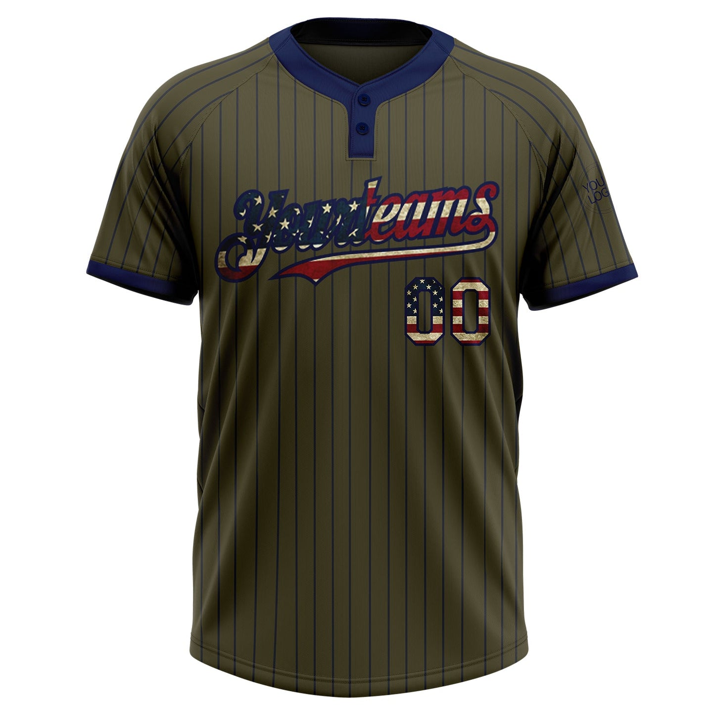 Custom Olive Navy Pinstripe Vintage USA Flag Salute To Service Two-Button Unisex Softball Jersey view 2