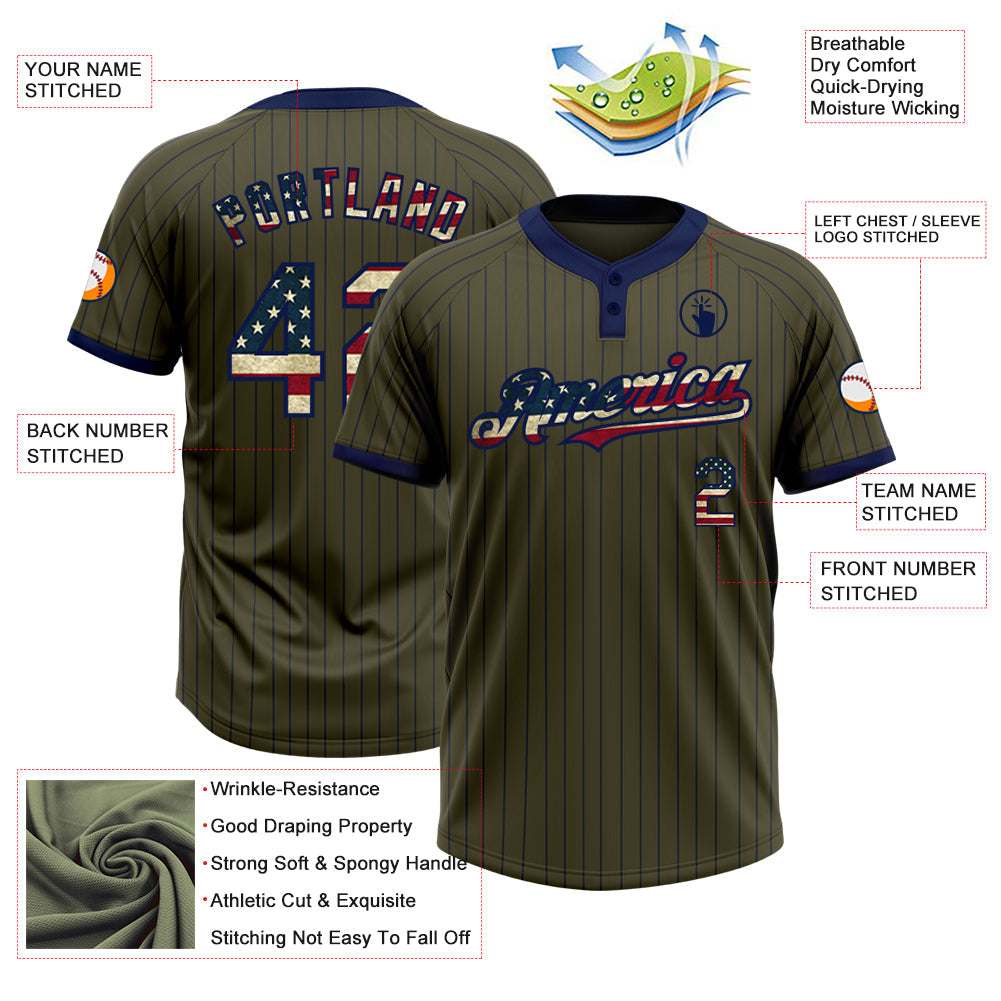 Custom Olive Navy Pinstripe Vintage USA Flag Salute To Service Two-Button Unisex Softball Jersey view 3
