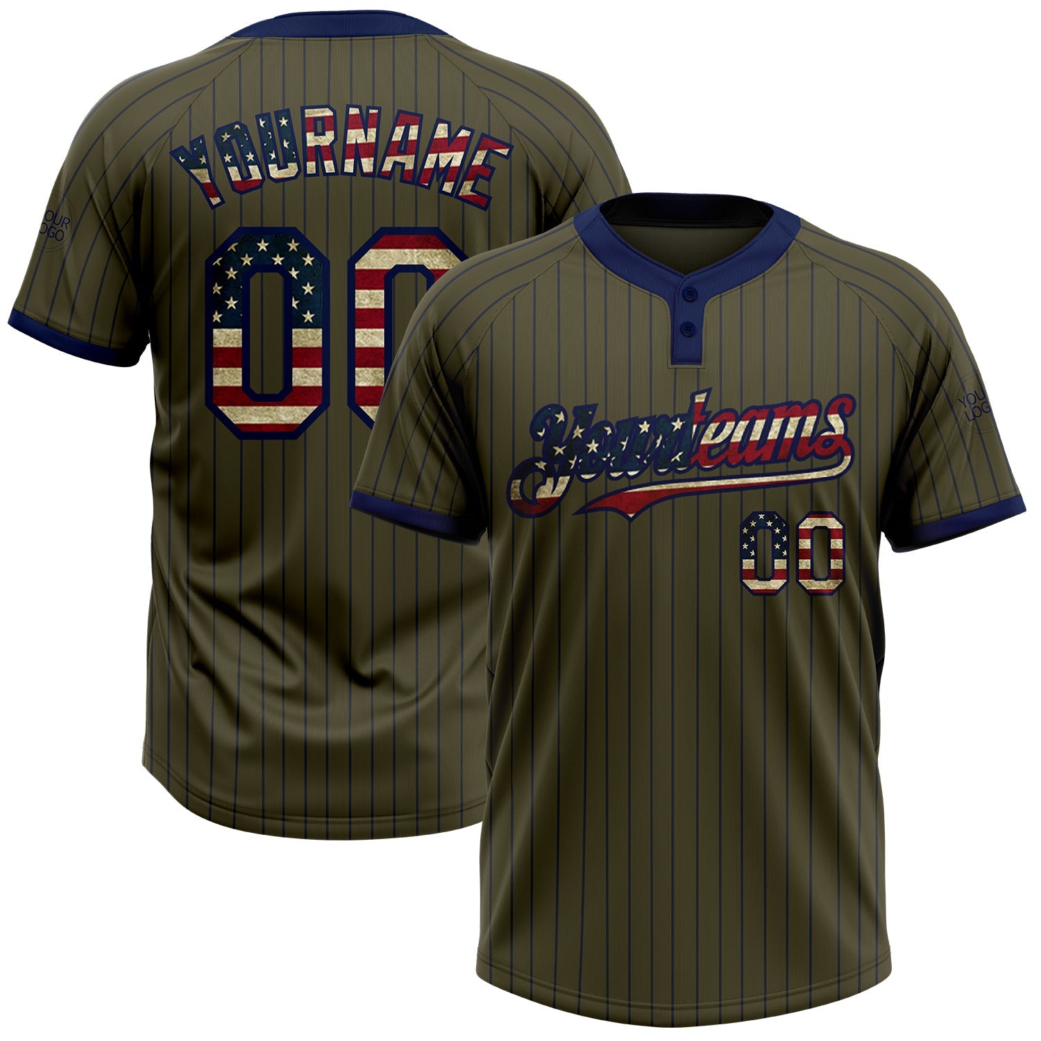 Custom Olive Navy Pinstripe Vintage USA Flag Salute To Service Two-Button Unisex Softball Jersey - Main View