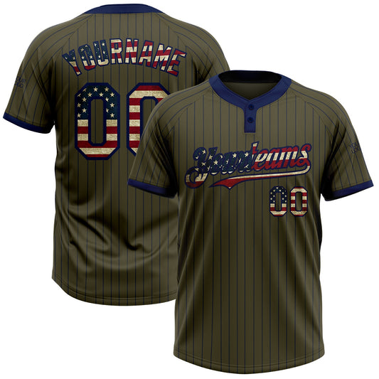 Custom Olive Navy Pinstripe Vintage USA Flag Salute To Service Two-Button Unisex Softball Jersey - Main View