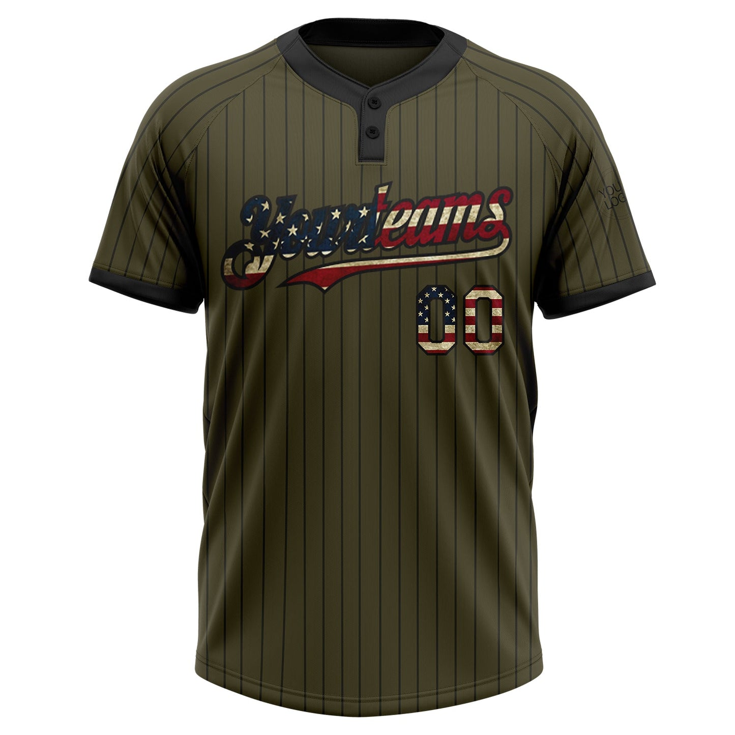 Custom Olive Black Pinstripe Vintage USA Flag Salute To Service Two-Button Unisex Softball Jersey view 2
