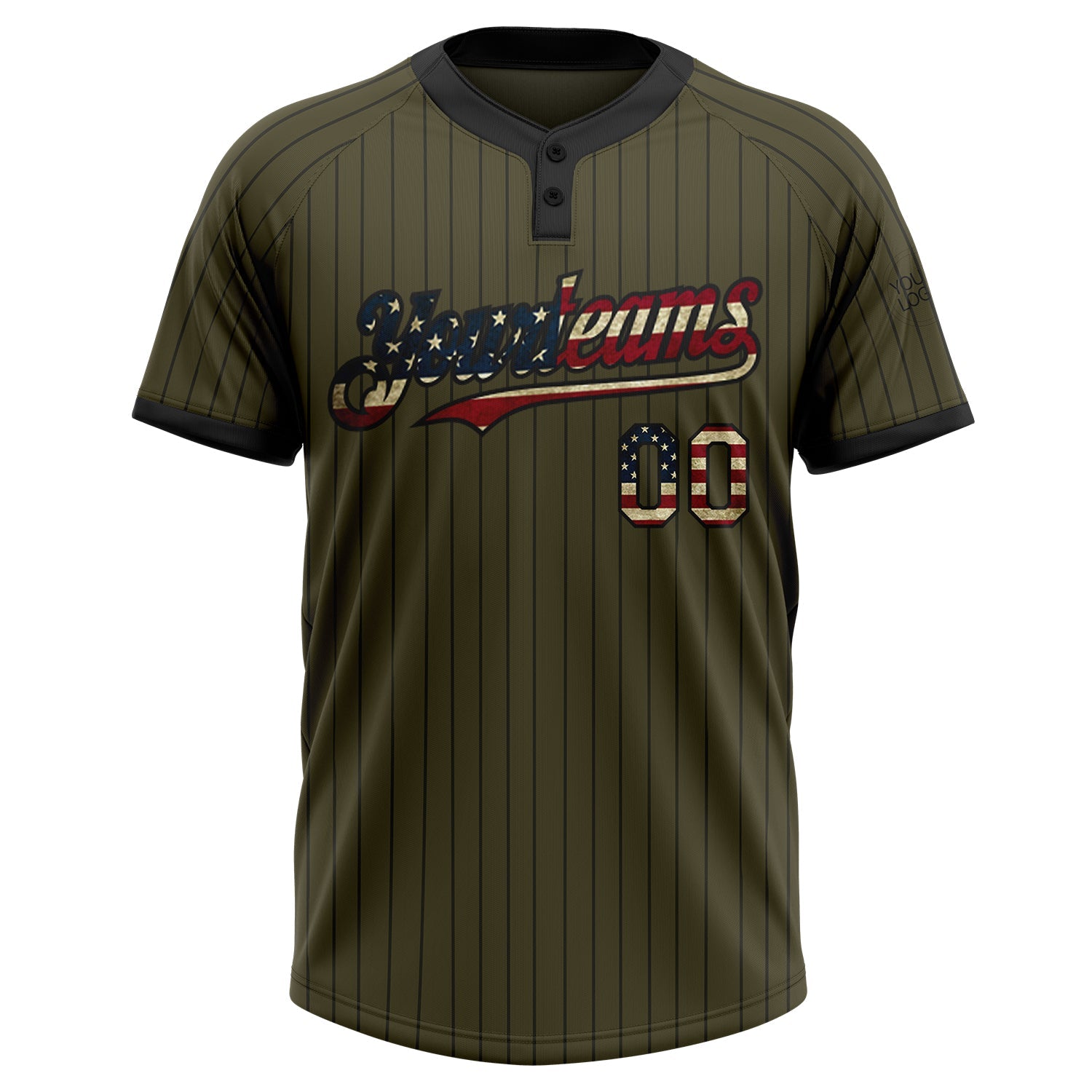 Custom Olive Black Pinstripe Vintage USA Flag Salute To Service Two-Button Unisex Softball Jersey view 2