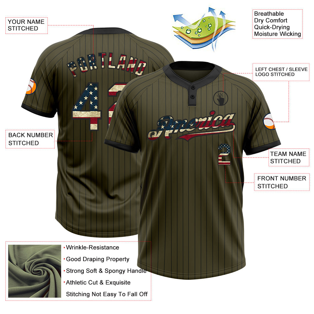 Custom Olive Black Pinstripe Vintage USA Flag Salute To Service Two-Button Unisex Softball Jersey view 3