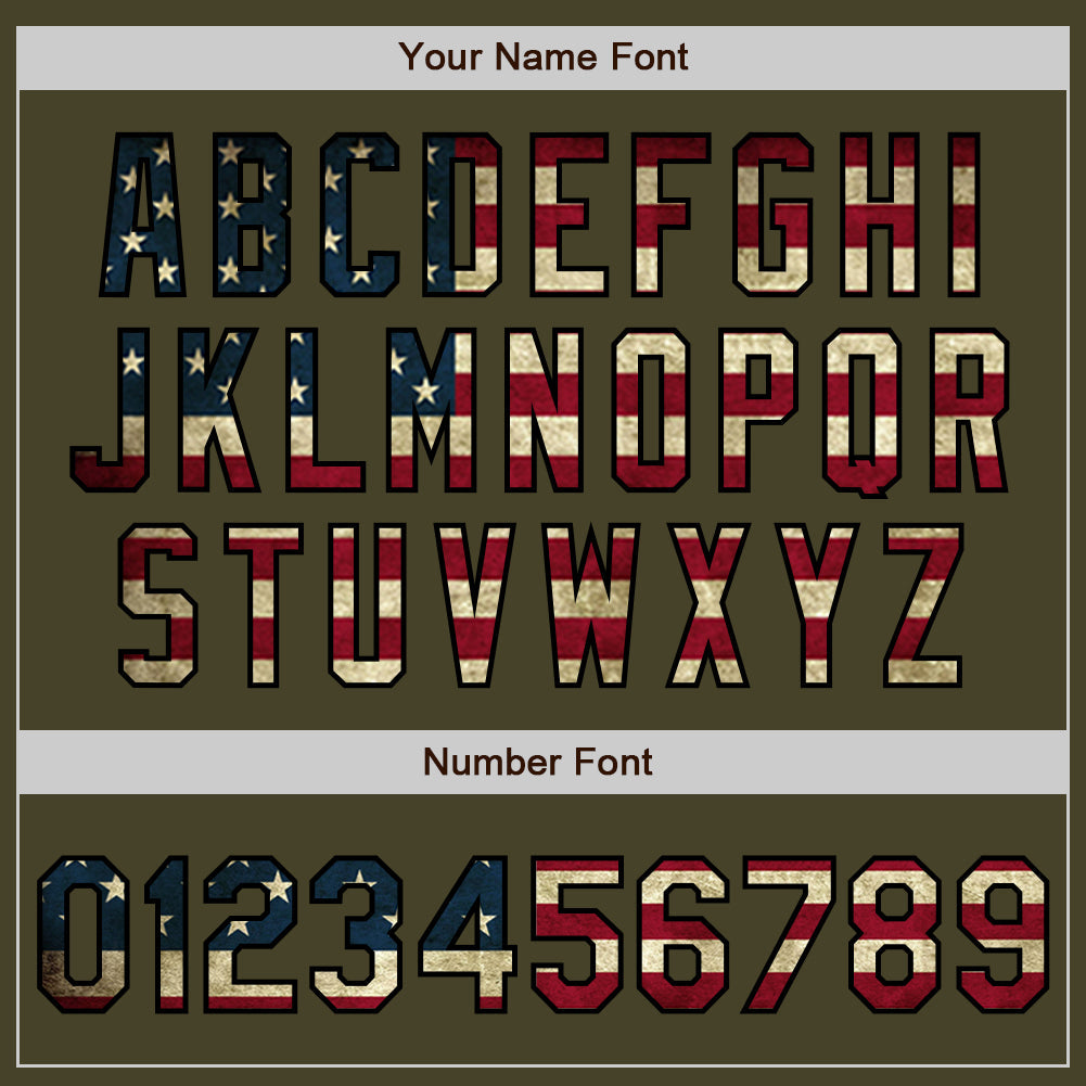 Custom Olive Black Pinstripe Vintage USA Flag Salute To Service Two-Button Unisex Softball Jersey view 5