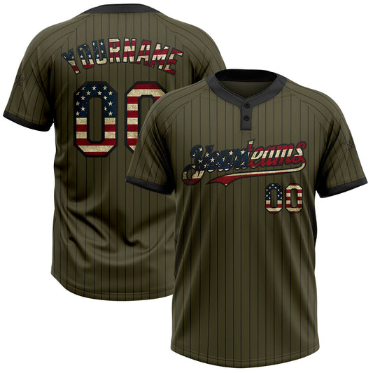 Custom Olive Black Pinstripe Vintage USA Flag Salute To Service Two-Button Unisex Softball Jersey - Main View