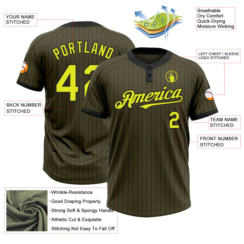 Custom Olive Black Pinstripe Neon Yellow Salute To Service Two-Button Unisex Softball Jersey view 3