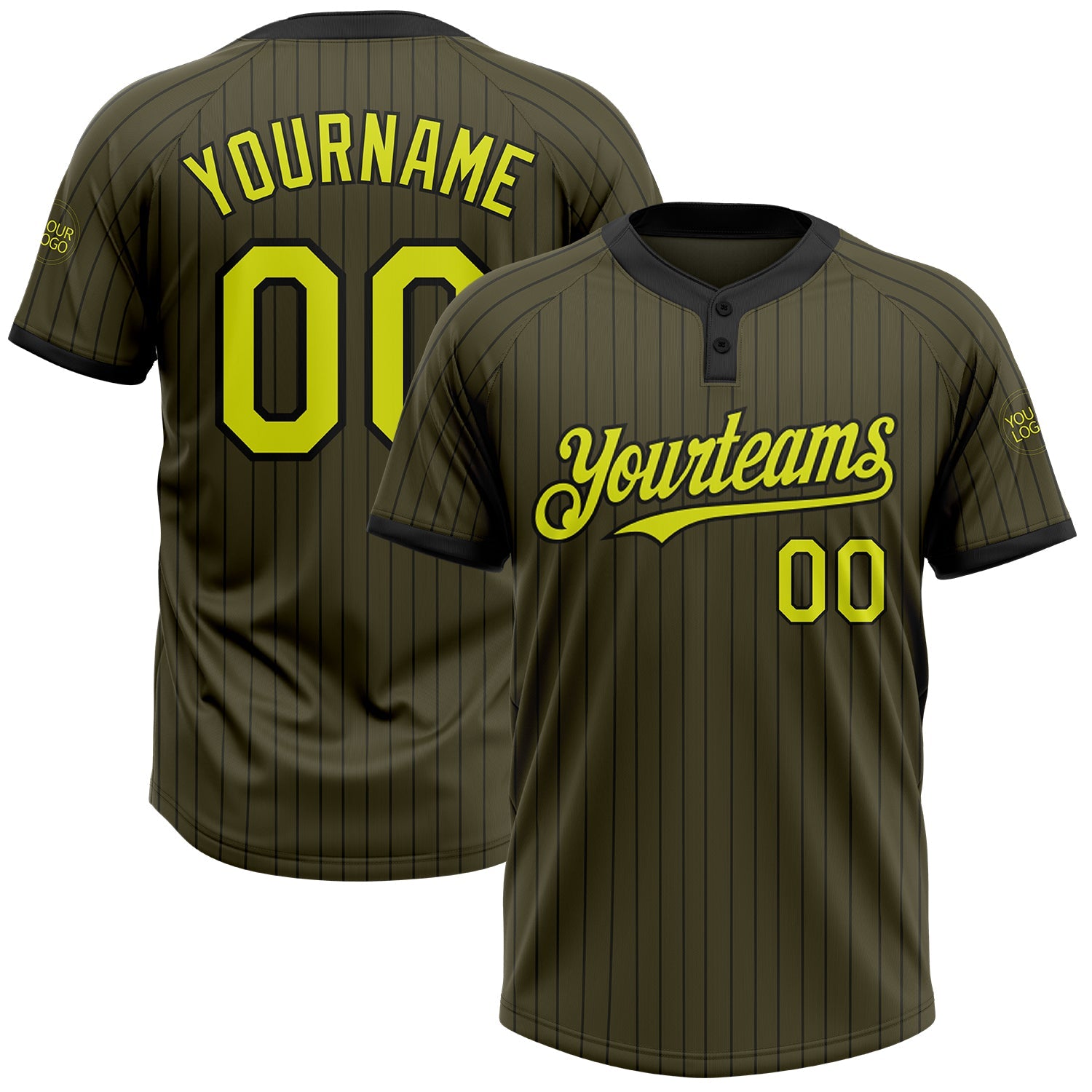 Custom Olive Black Pinstripe Neon Yellow Salute To Service Two-Button Unisex Softball Jersey - Main View