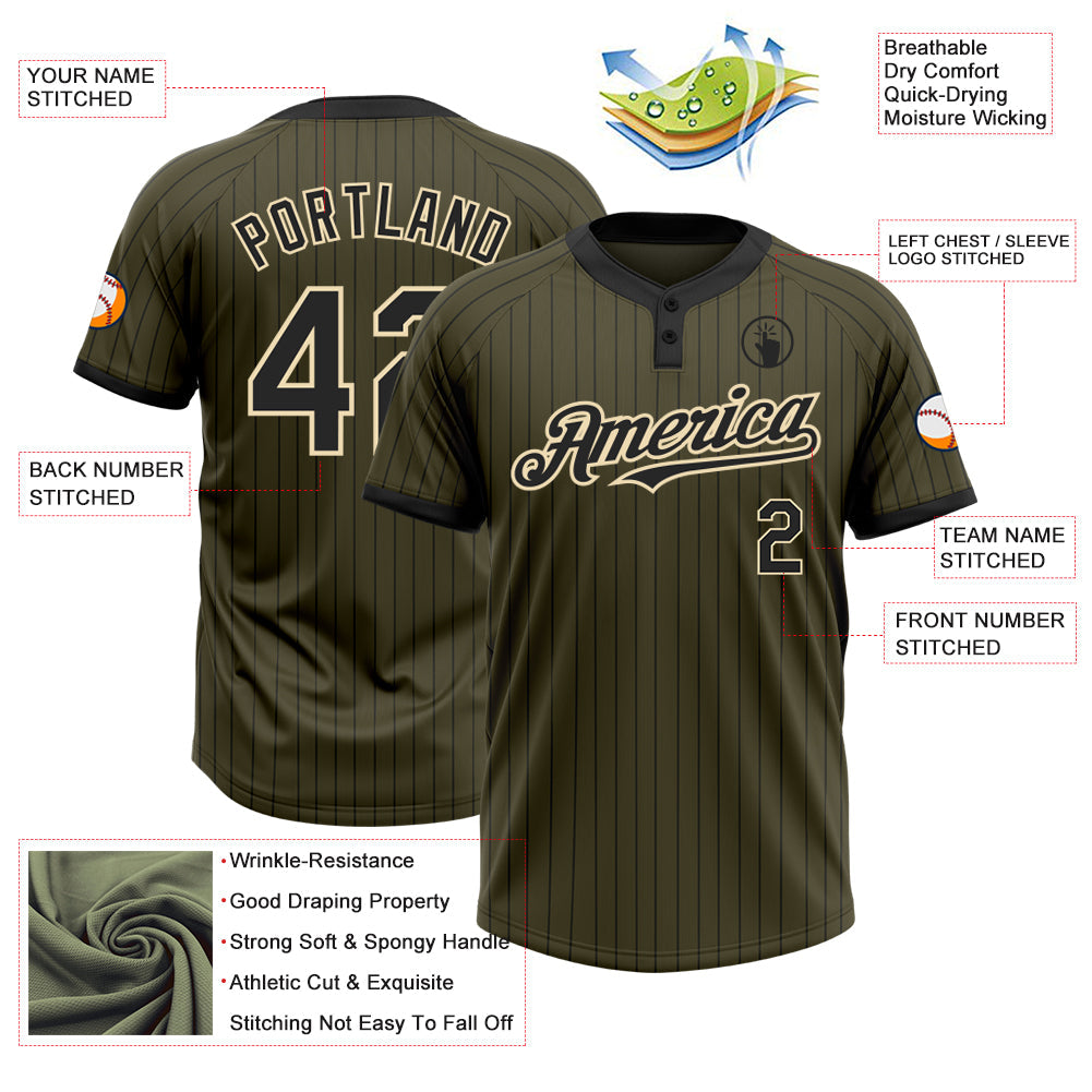 Custom Olive Black Pinstripe Cream Salute To Service Two-Button Unisex Softball Jersey view 3