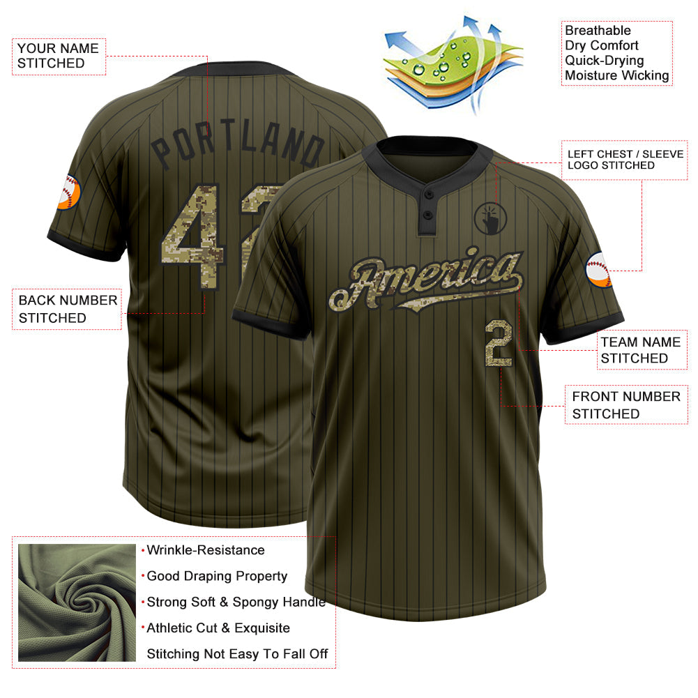 Custom Olive Black Pinstripe Camo Salute To Service Two-Button Unisex Softball Jersey view 3