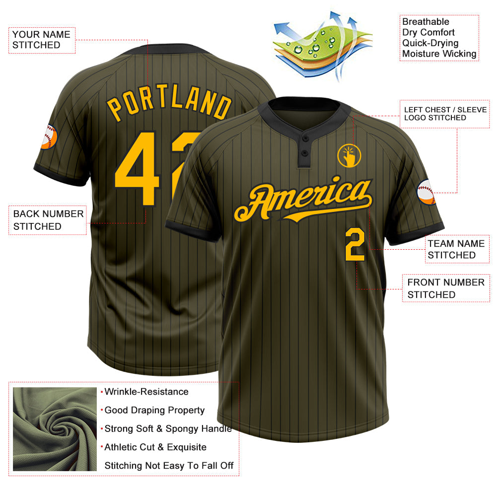 Custom Olive Black Pinstripe Gold Salute To Service Two-Button Unisex Softball Jersey view 3