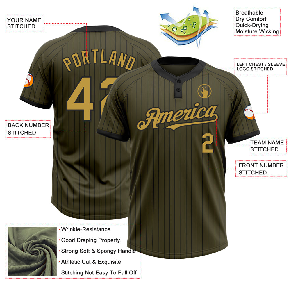 Custom Olive Black Pinstripe Old Gold Salute To Service Two-Button Unisex Softball Jersey view 3