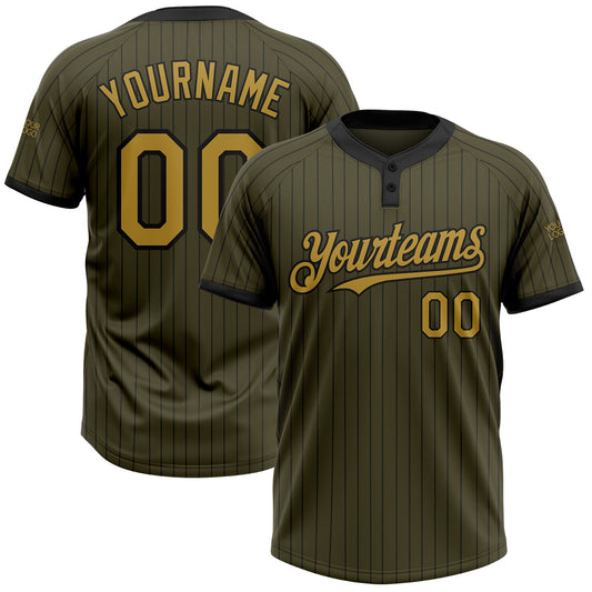 Custom Olive Black Pinstripe Old Gold Salute To Service Two-Button Unisex Softball Jersey - Main View