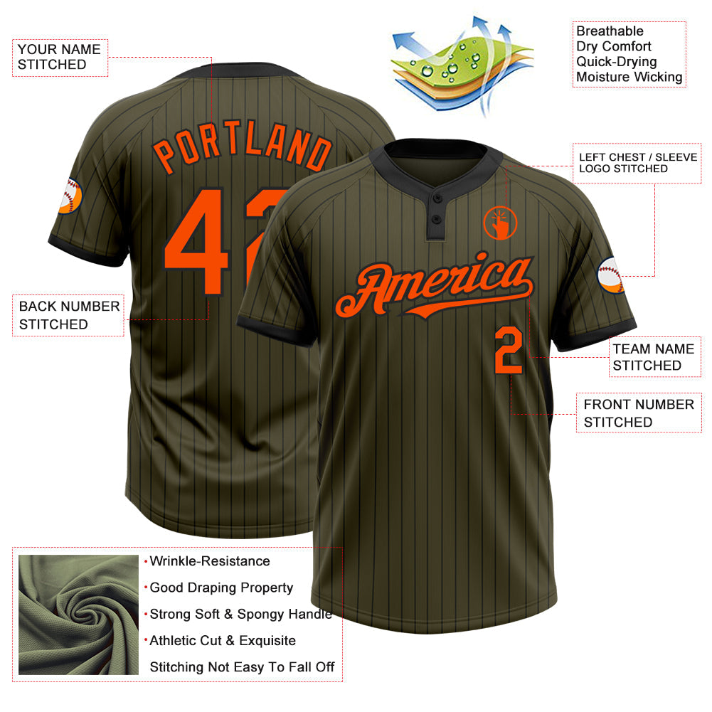 Custom Olive Black Pinstripe Orange Salute To Service Two-Button Unisex Softball Jersey view 3