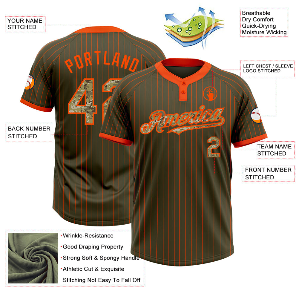 Custom Olive Orange Pinstripe Camo Salute To Service Two-Button Unisex Softball Jersey view 3