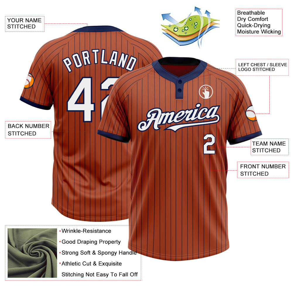 Custom Texas Orange Navy Pinstripe White Two-Button Unisex Softball Jersey view 3