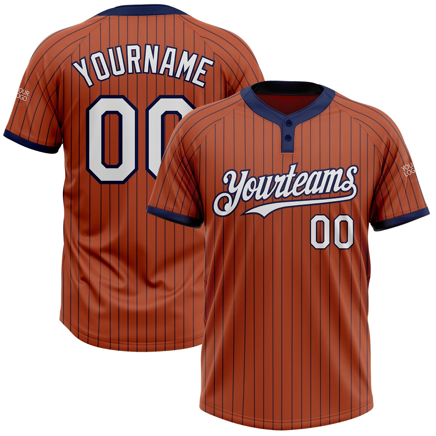 Custom Texas Orange Navy Pinstripe White Two-Button Unisex Softball Jersey - Main View