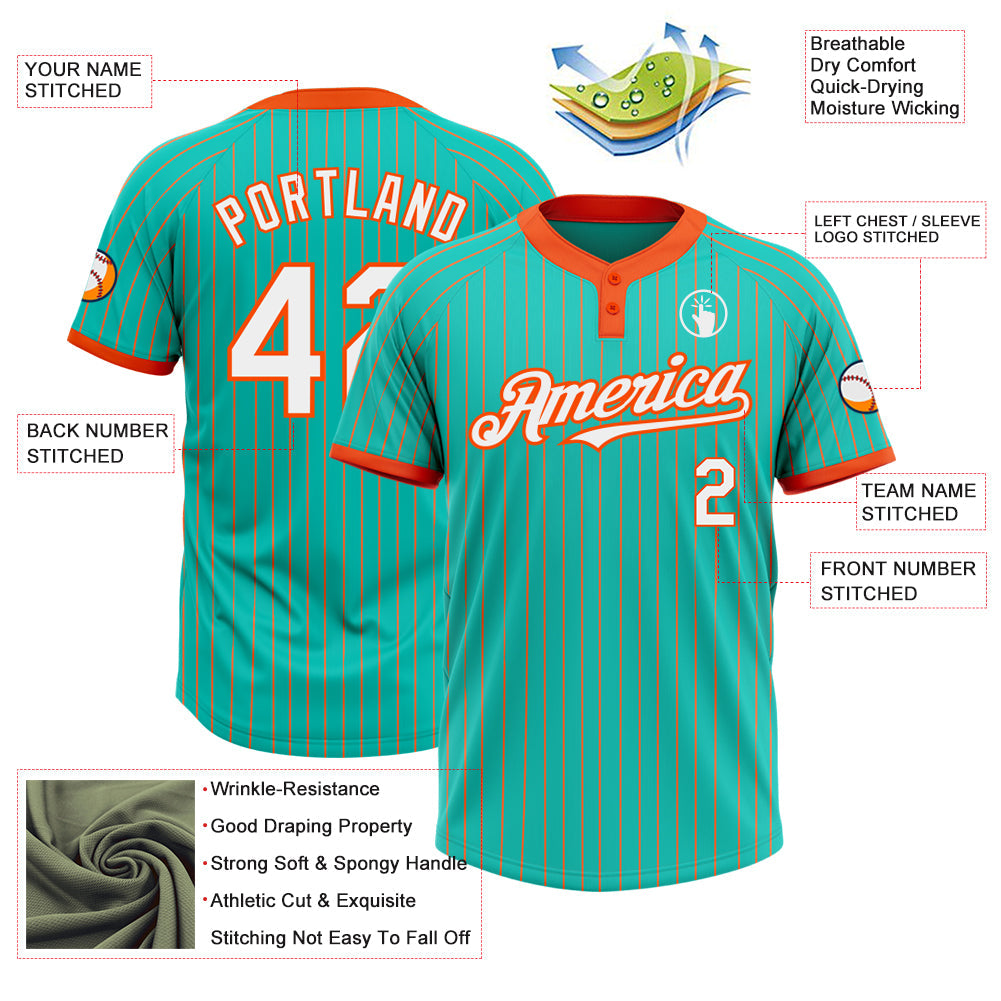 Custom Aqua Orange Pinstripe White Two-Button Unisex Softball Jersey view 3