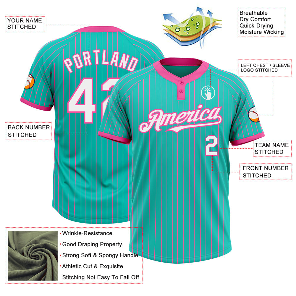 Custom Aqua Pink Pinstripe White Two-Button Unisex Softball Jersey view 3