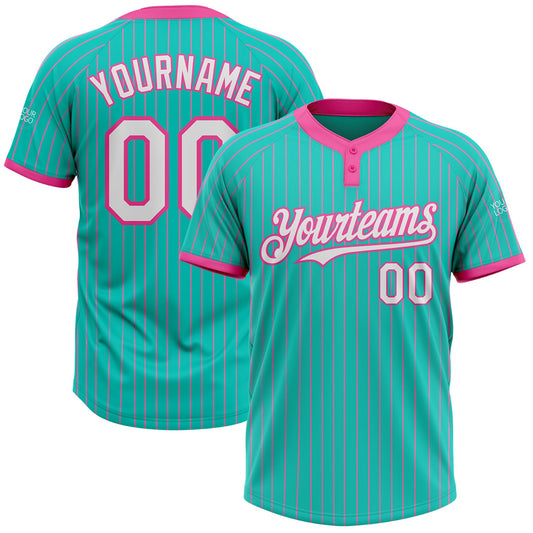 Custom Aqua Pink Pinstripe White Two-Button Unisex Softball Jersey - Main View