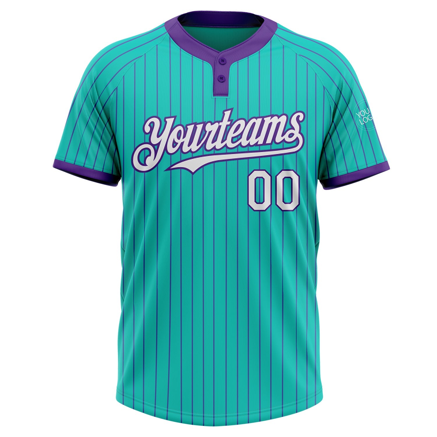 Custom Aqua Purple Pinstripe White Two-Button Unisex Softball Jersey view 2