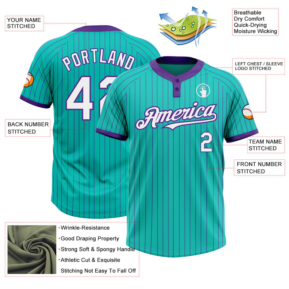 Custom Aqua Purple Pinstripe White Two-Button Unisex Softball Jersey view 3