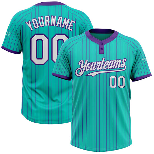 Custom Aqua Purple Pinstripe White Two-Button Unisex Softball Jersey - Main View