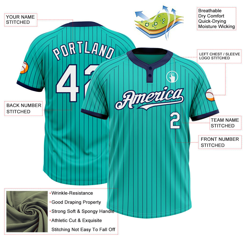 Custom Aqua Navy Pinstripe White Two-Button Unisex Softball Jersey view 3