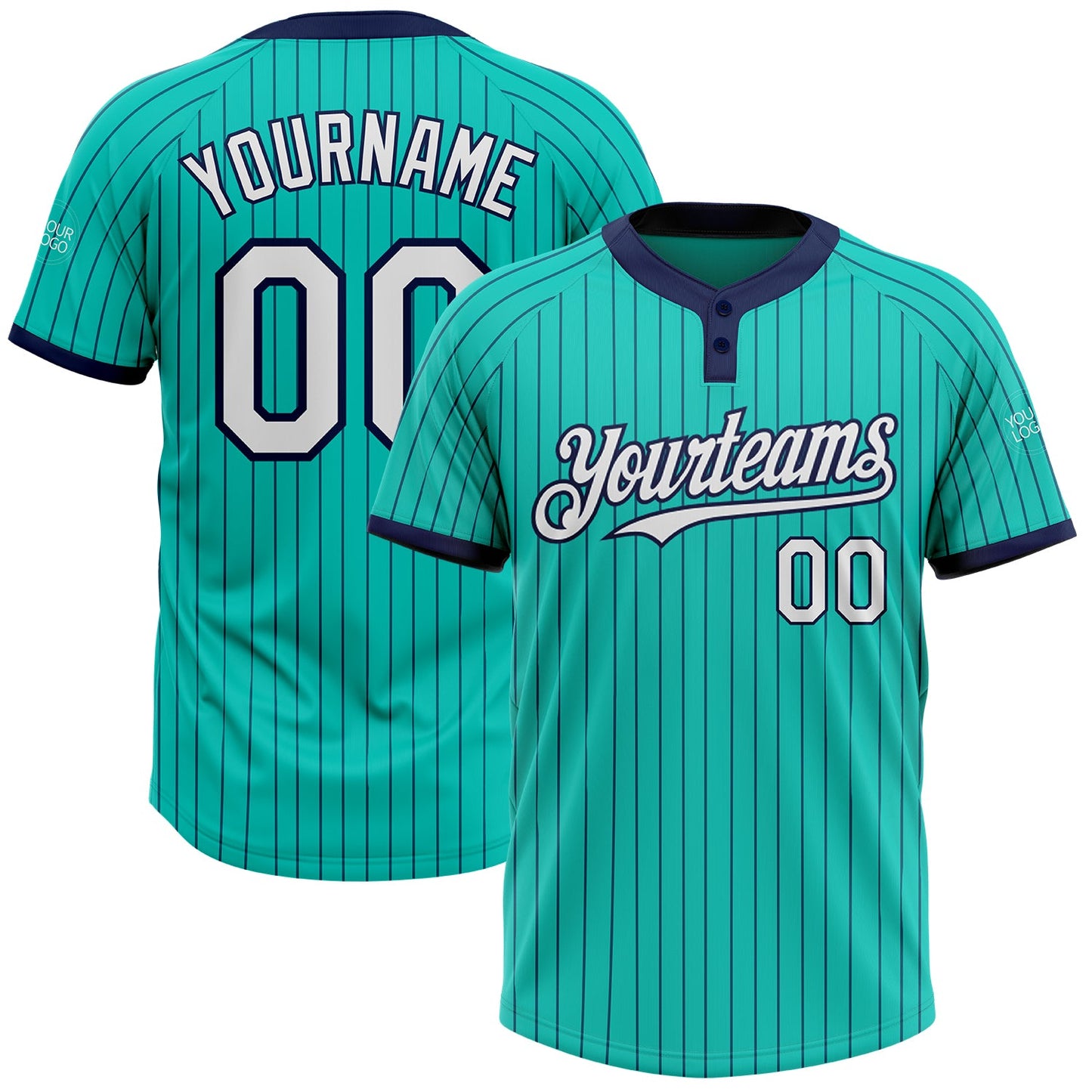 Custom Aqua Navy Pinstripe White Two-Button Unisex Softball Jersey - Main View