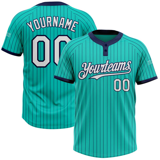 Custom Aqua Navy Pinstripe White Two-Button Unisex Softball Jersey - Main View