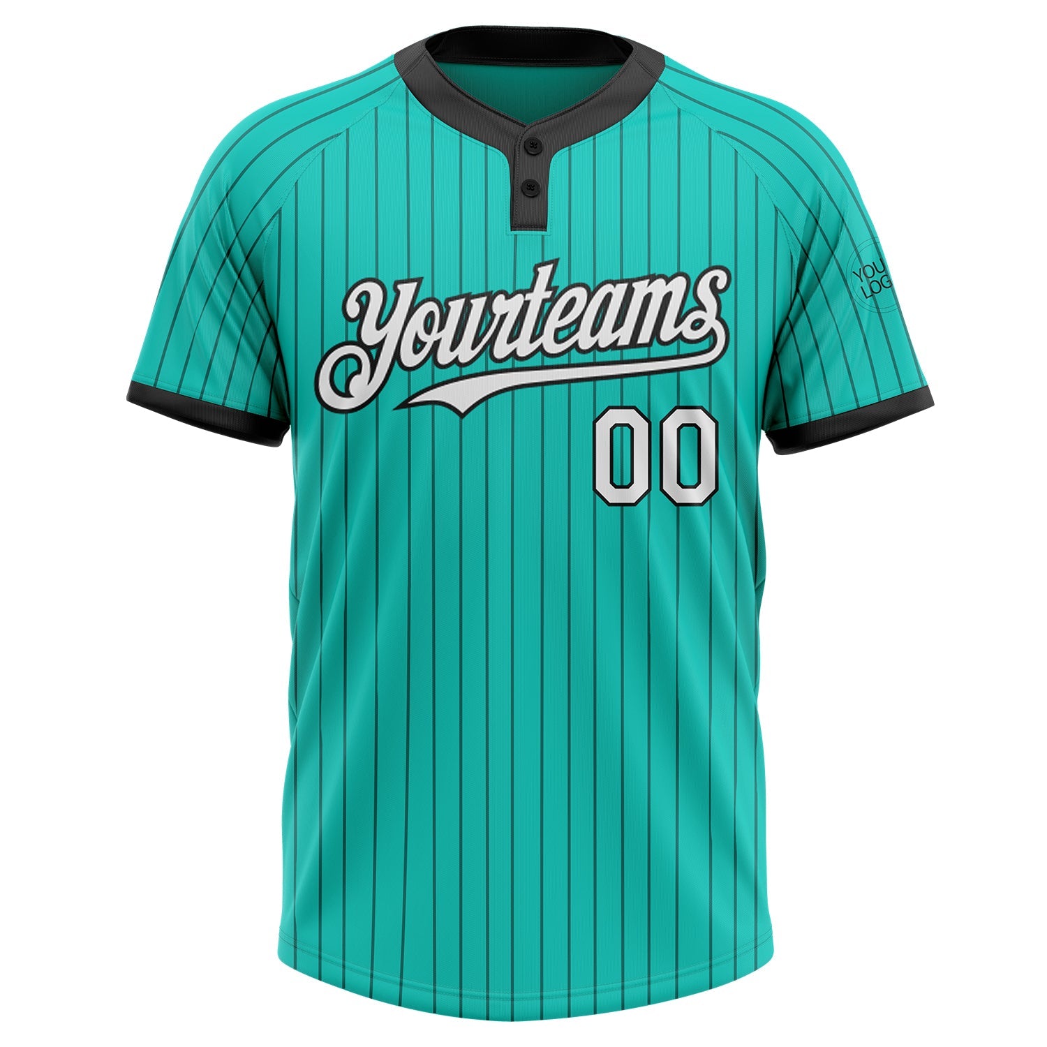 Custom Aqua Black Pinstripe White Two-Button Unisex Softball Jersey view 2
